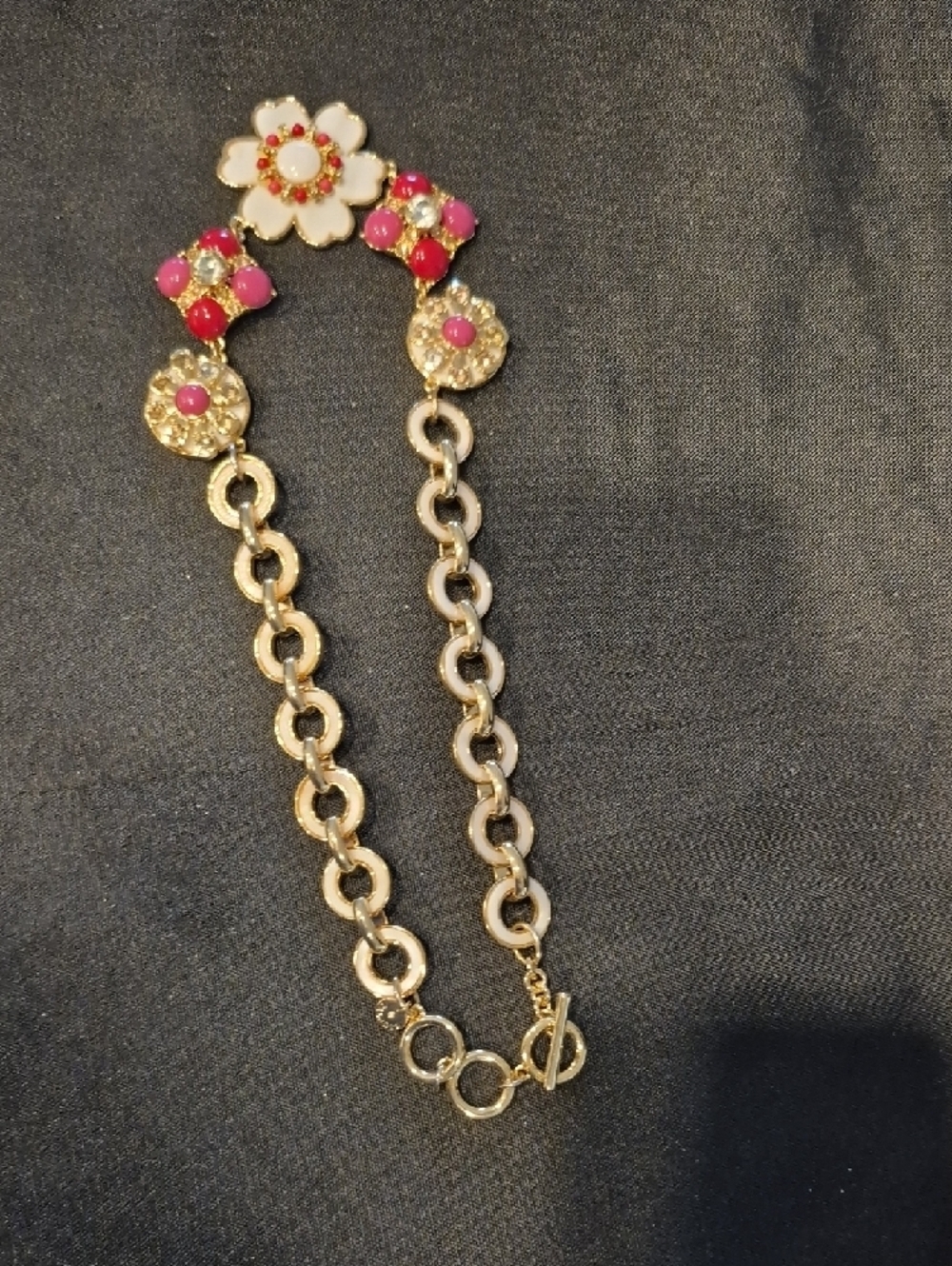 Talbots Gold-Tone Enamel Pink & White Floral Statement Necklace - Picture 3 of 7